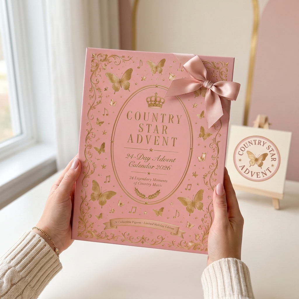 Country Star advent calendar held as a gift with a blush satin ribbon